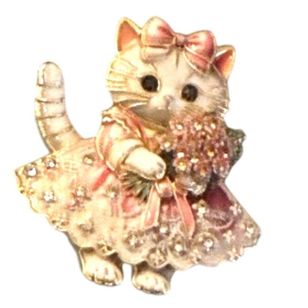 NWT Adorable Pink Cat Brooch Pin Florals Rhinestone